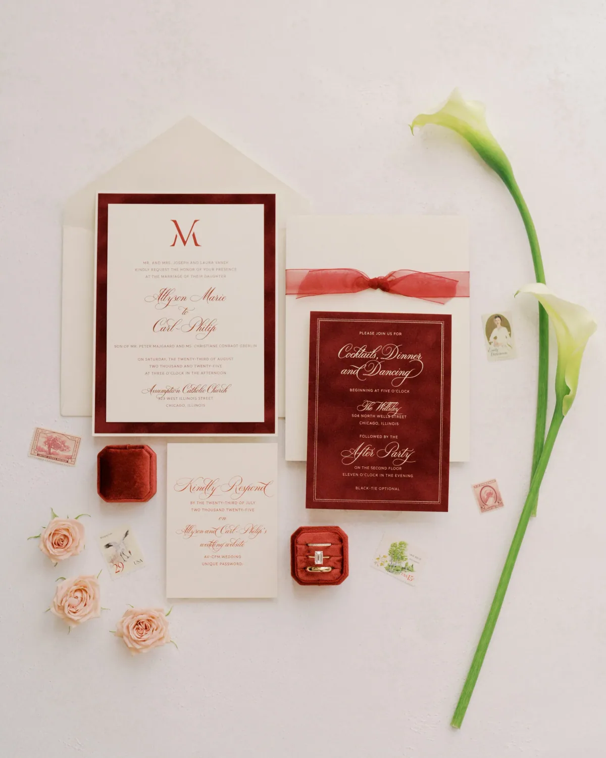 Burgundy and blush invitation suite with calla lily