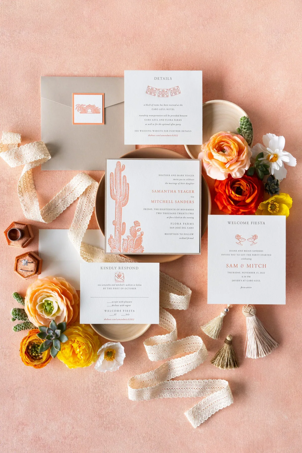 Terracotta and ivory wedding suite with a desert cactus illustration