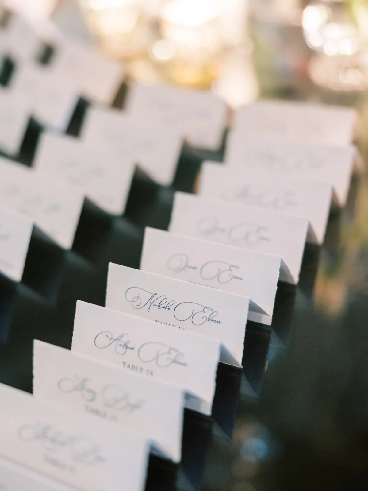 Rows of tented escort cards with script names on dark backing