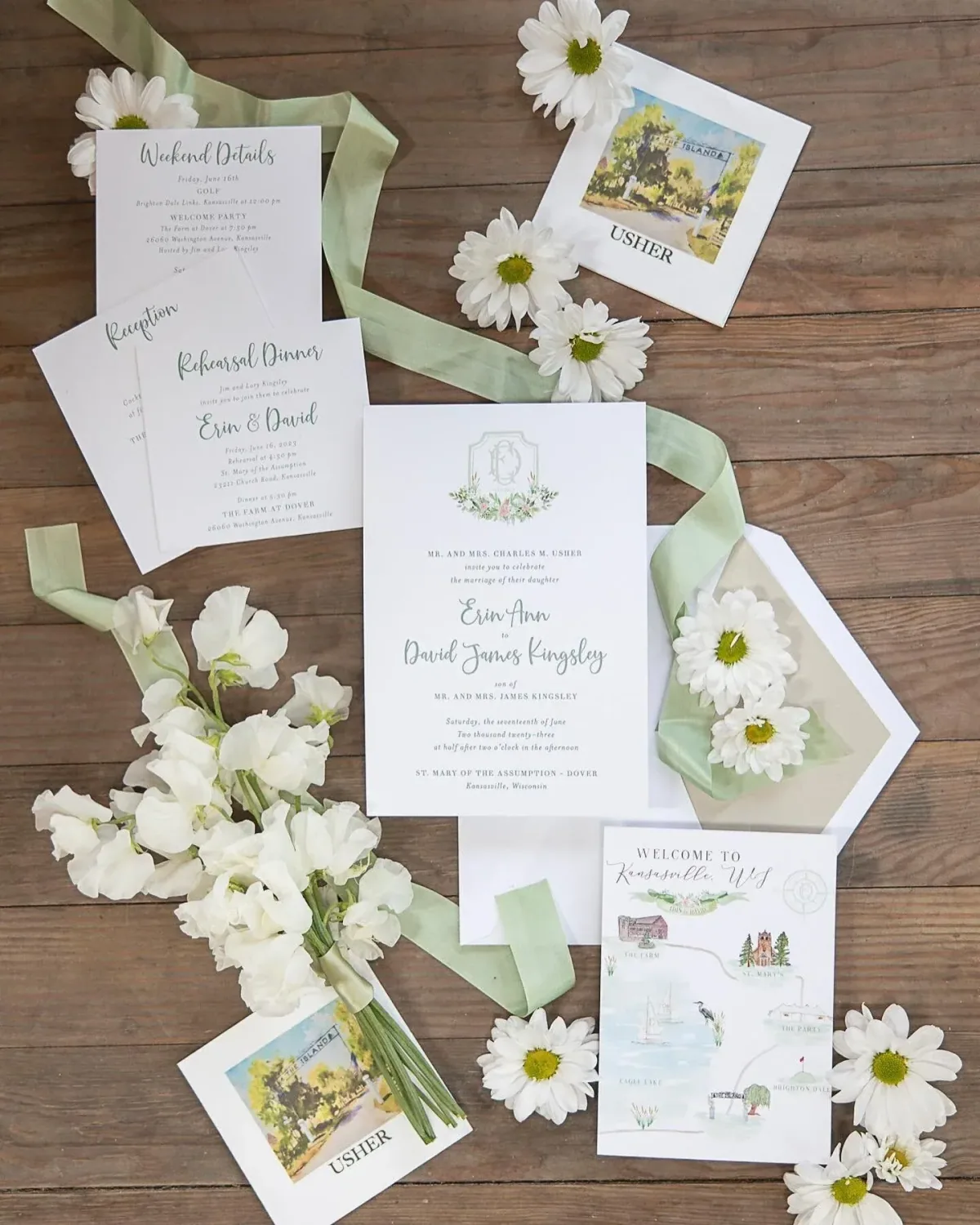 Sage green wedding suite with a watercolor crest and illustrated map, styled with daisies