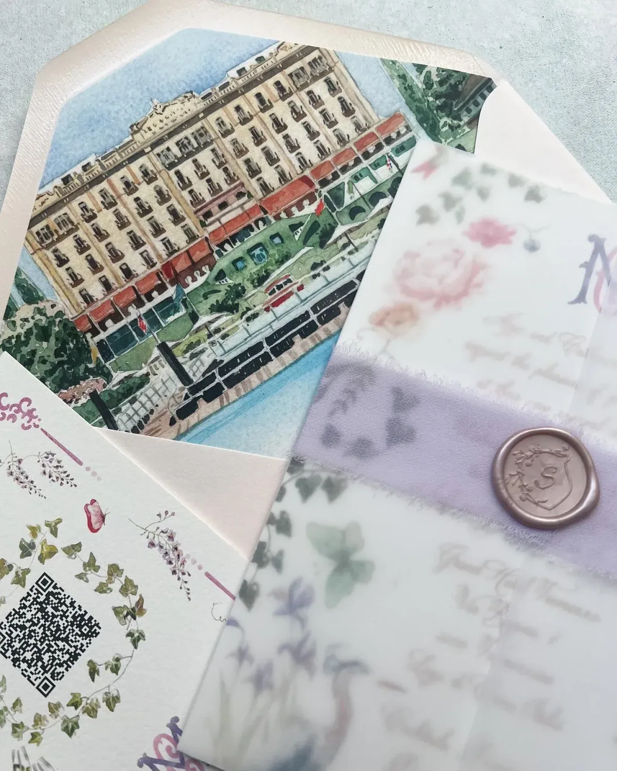 Illustrated envelope liners, a botanical overlay and a lilac wax seal
