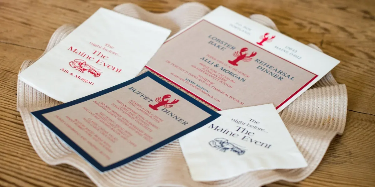 Lobster bake rehearsal dinner invitation with red lobster motif