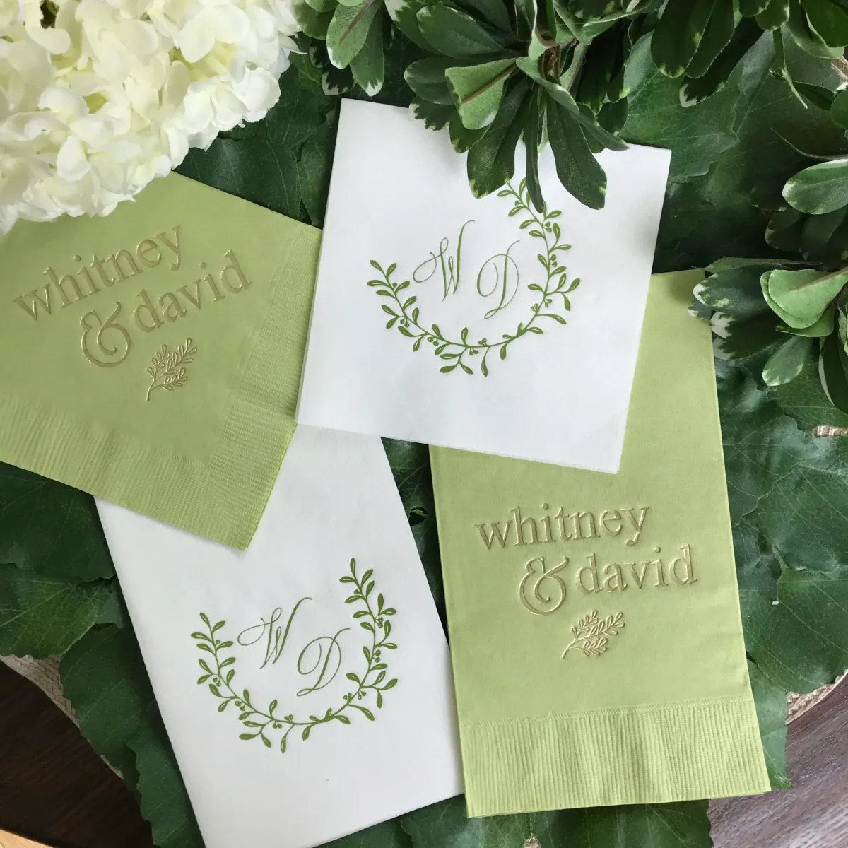 Monogrammed green and white cocktail napkins