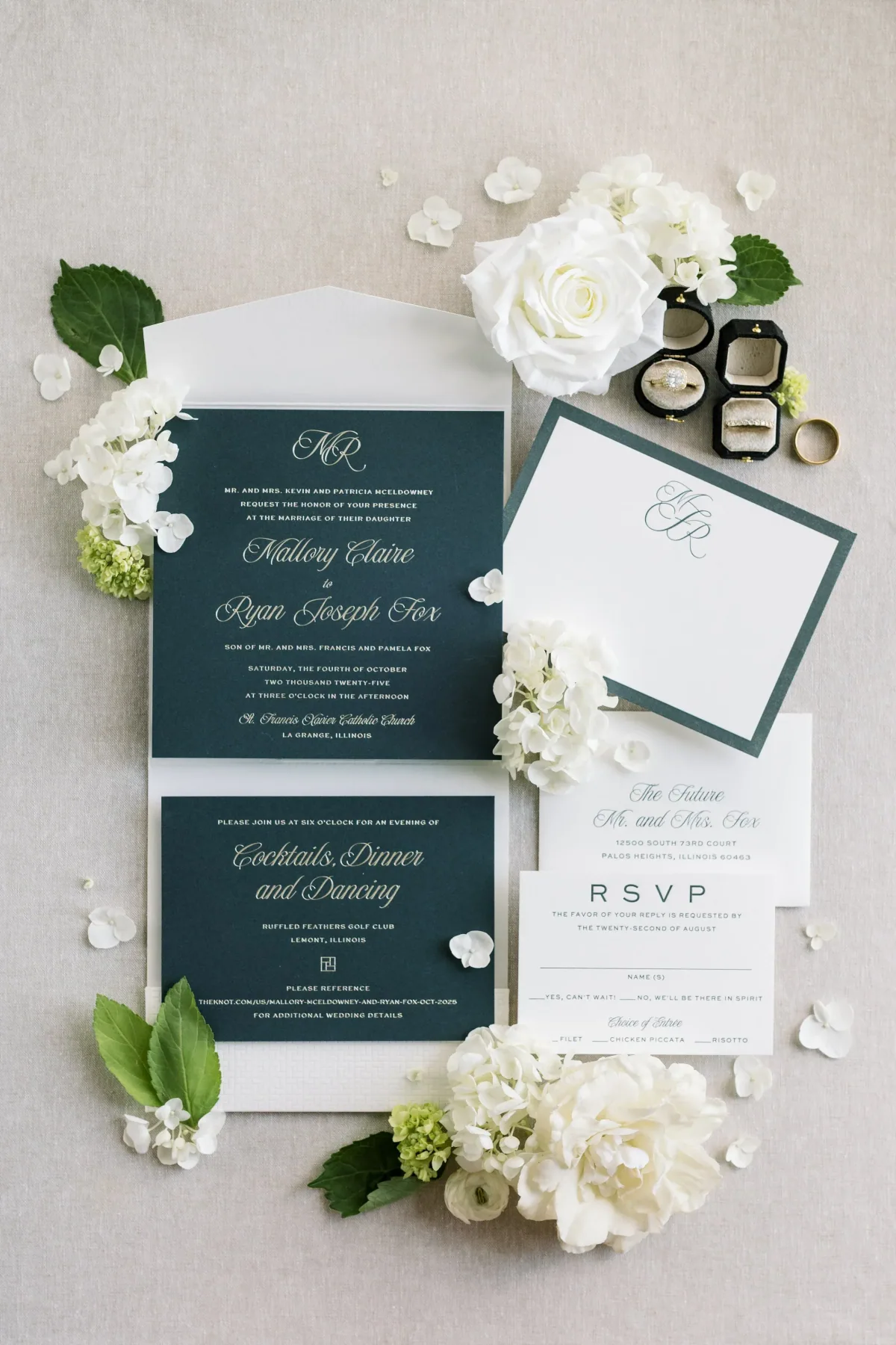 Navy and white monogrammed wedding suite with white florals
