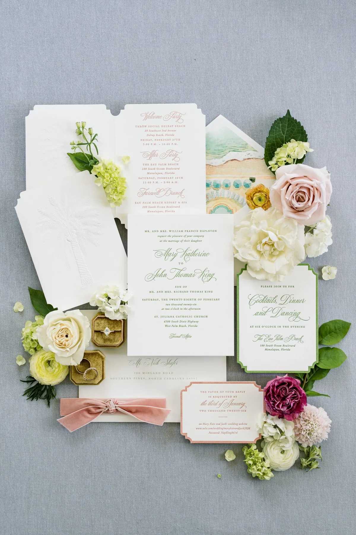 Die-cut pastel wedding suite with ranunculus and ribbon