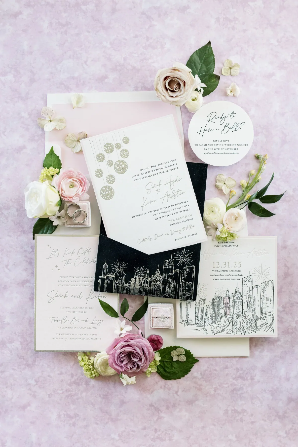Invitation suite with Chicago skyline envelope liner and garden roses