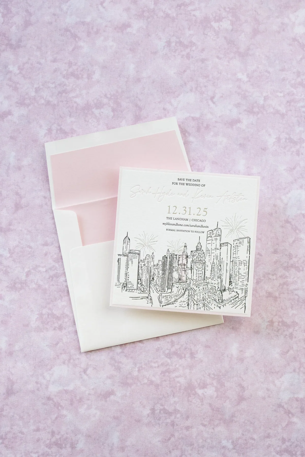 Skyline sketch card with blush envelope