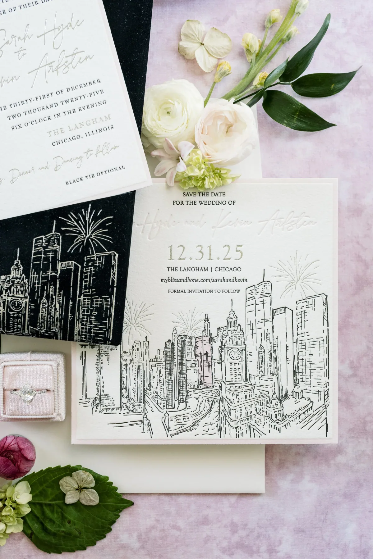 New Year’s Eve save the date with skyline illustration
