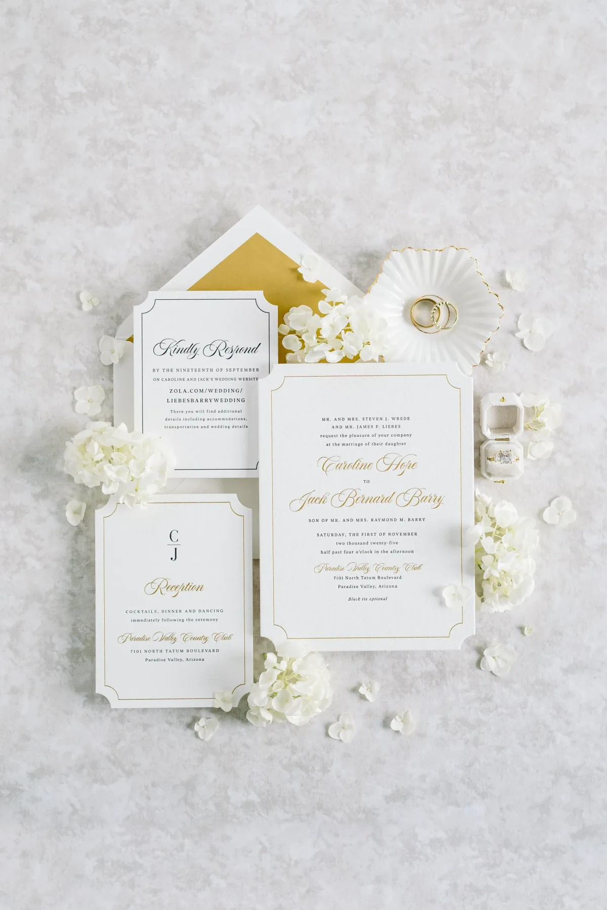 White-on-white suite with gold envelope liner